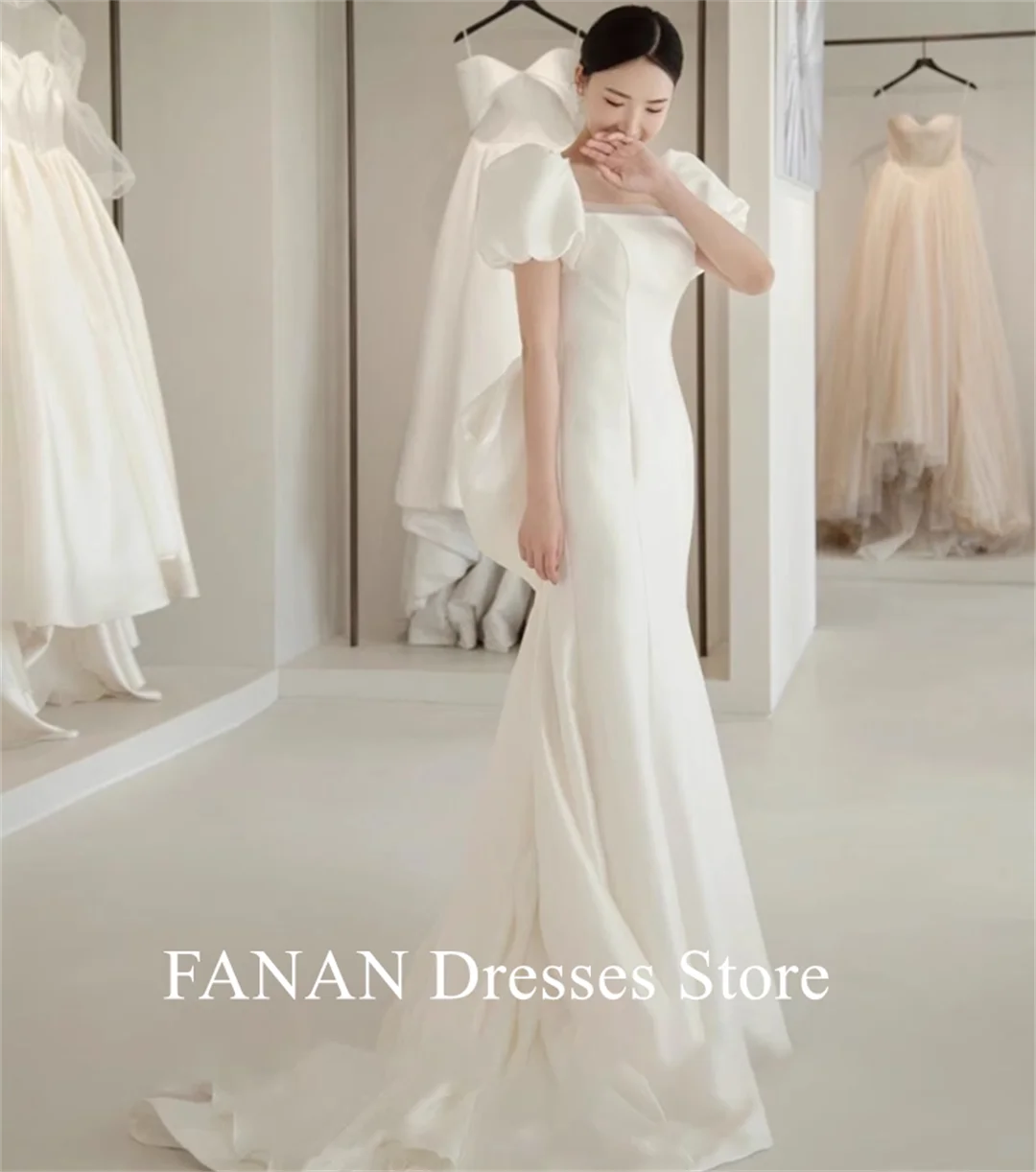 Фото Женское атласное платье FANAN, с квадратным вырезом, с коротким рукавом №4