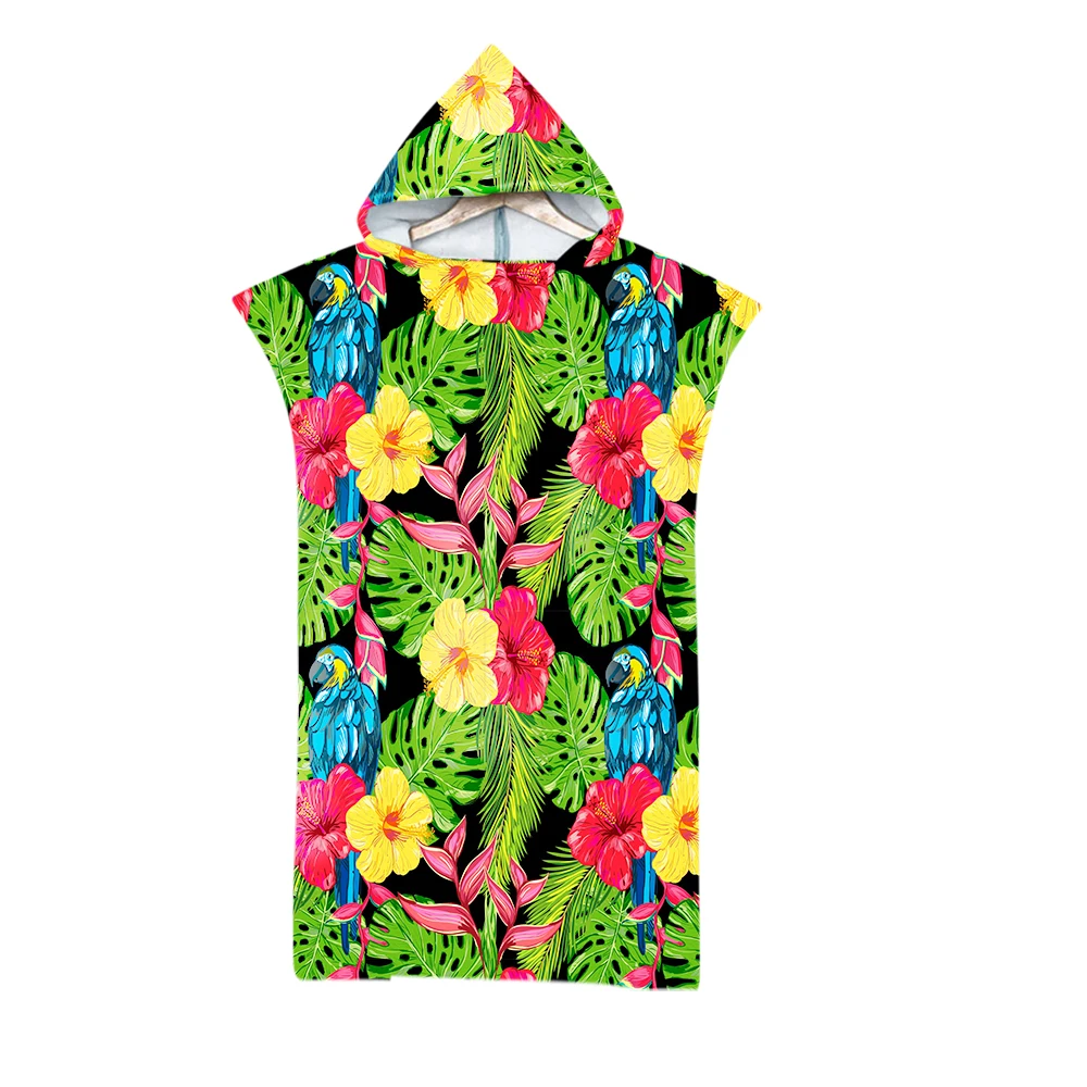 

Free shipping Tropical Monstera Leaves Flower Parrot Birds Hooded Poncho Towel Pool Swim Beach Changing Robe Holiday Gift