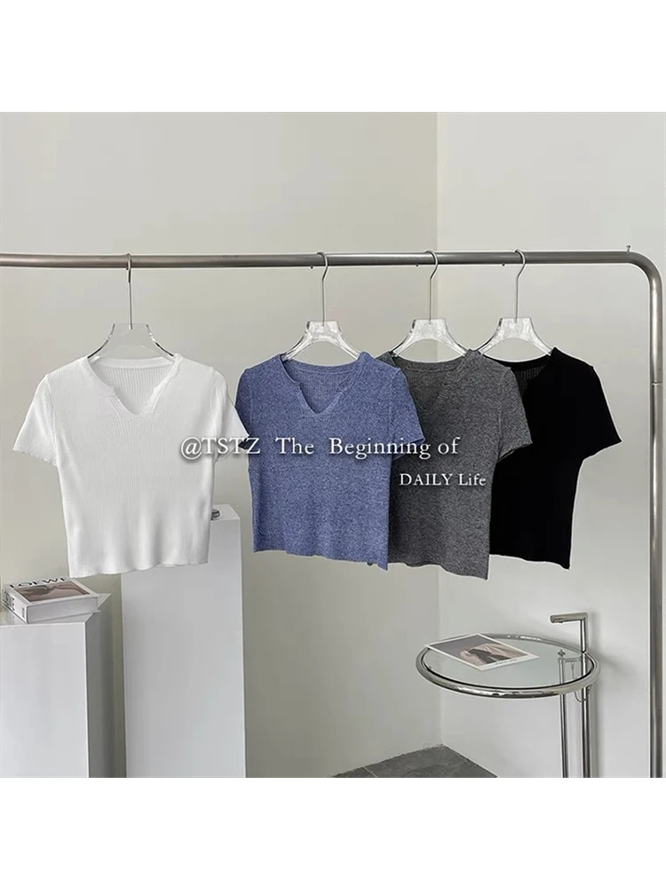 

V Neck Knit White Crop Top Women Summer Casual T Shirt Basic Sexy Streetwear Ribber Solid Fashion All-Match Short Sleeve Tops