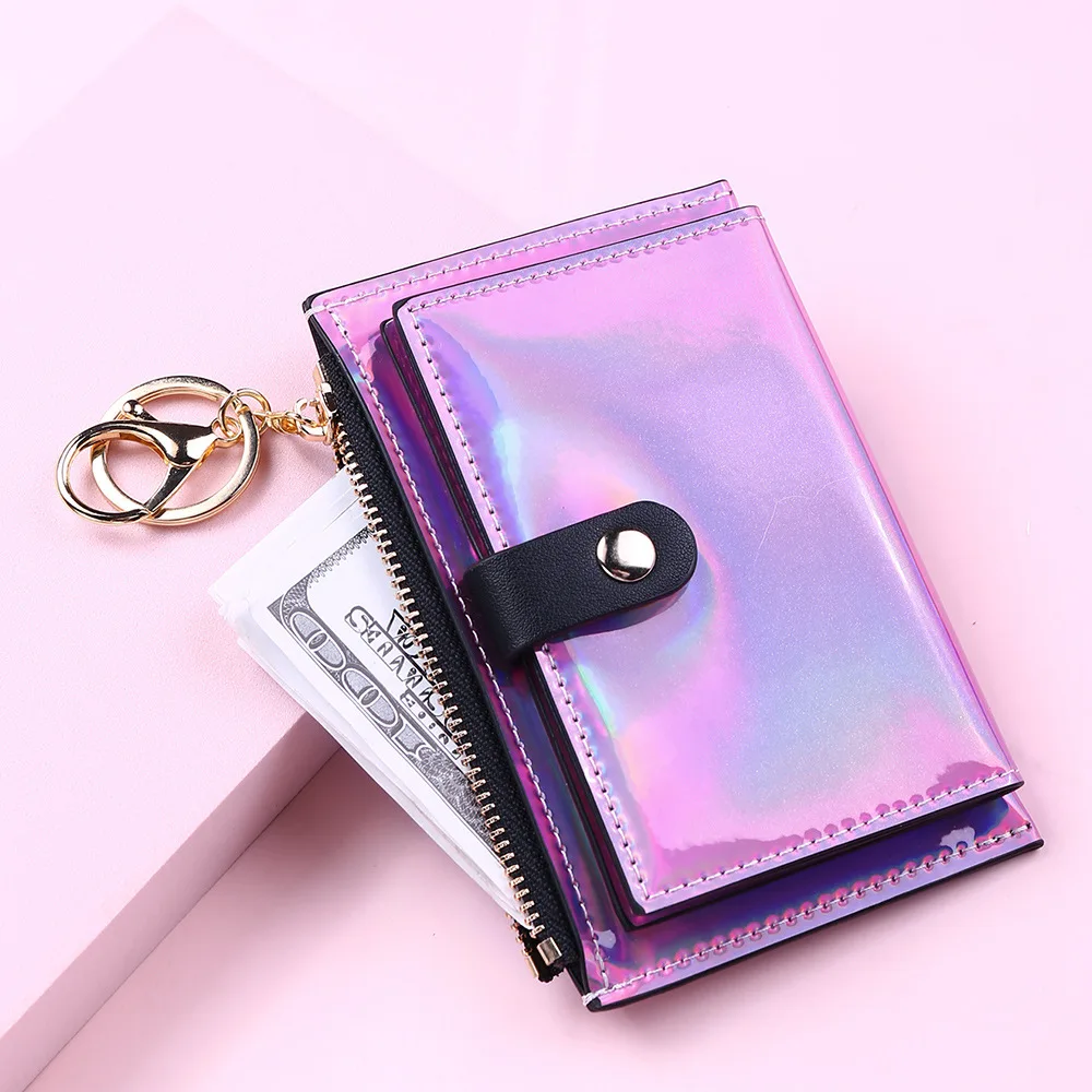 

Fashion Women Laser Short Wallets Keychain Zipper Coin Purse Mini Small Money Bag Card Holder Ladies Wallet Female Hasp Clutch