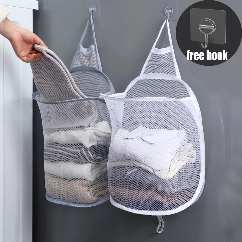 

Foldable Laundry Basket Bathroom Clothes Mesh Storage Bag Dirty Clothes Sorting Basket Kids Toys Sundries Free Hook Home Storage