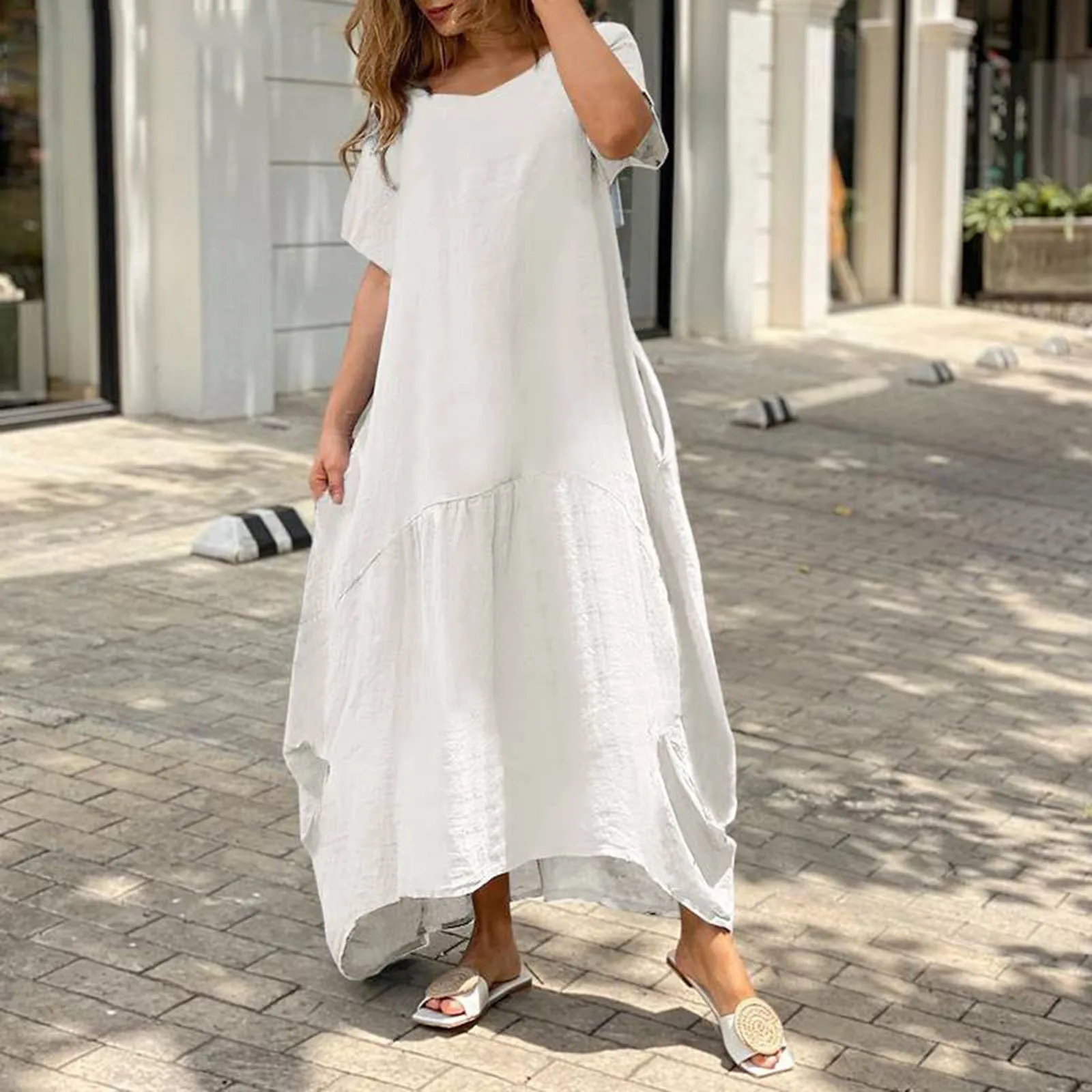 

Summer Solid Color Long Dress Women Casual Short Sleeve Round Neck Loose Dresses Vintage Oversized Beach Boho Sundress Vestidos