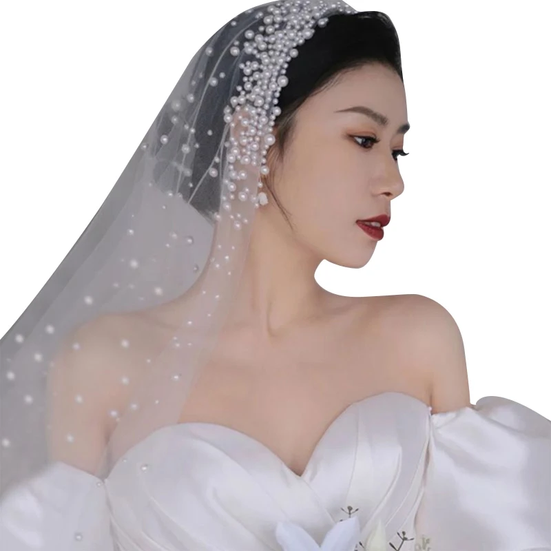 634D свадебная фата женская простая Тюлевая Длинная ленточная кромка с жемчужным