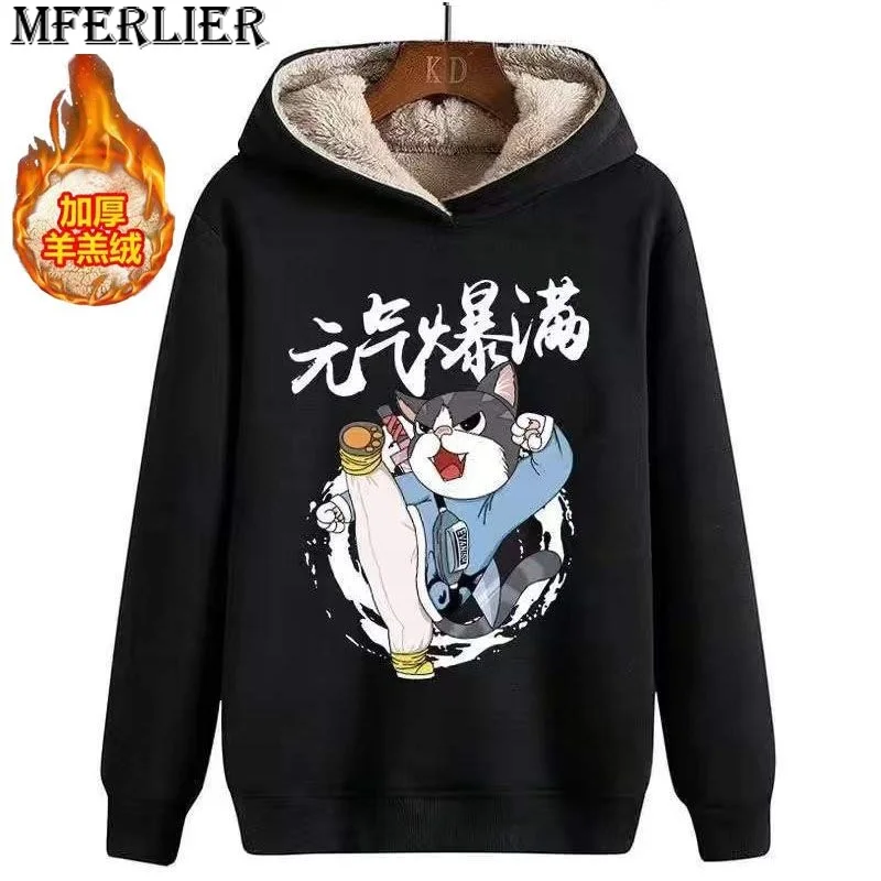 

winter autumn men sweatshirt hooded cartoon cat hoodies hoody thick fleece warm sport coat plus size 7XL 8XL sweatshirt black 54