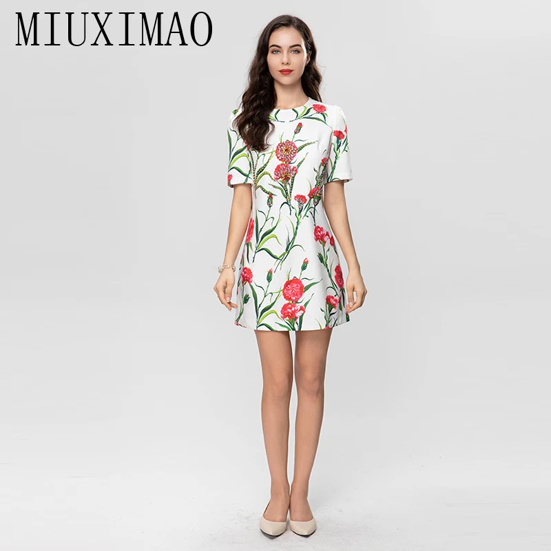MIUXIMAO 2023 High Quality Spring&Summer Elegant Dress Short Sleeve O-Neck Beading Print Fashion Mini Dress Women Vestides