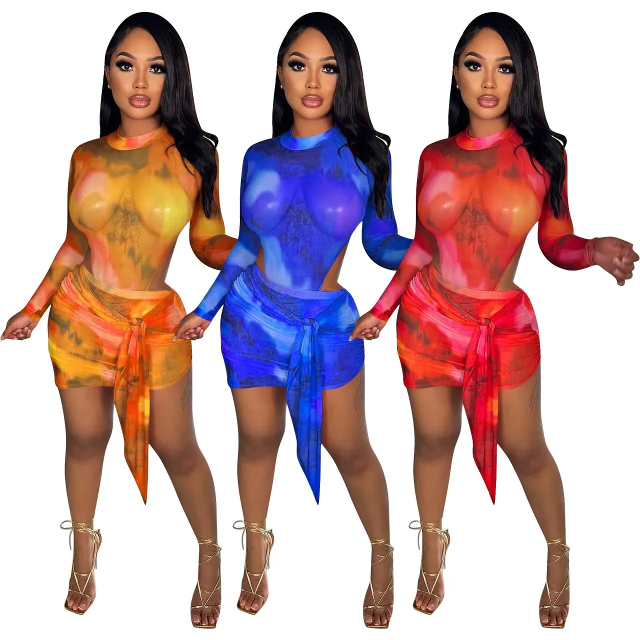 

Printed Mesh Long Sleeve Jumpsuit Two Piece Skirt Set Women Spring Clothes 2022 Two Piece Skirt Set Nightclub Beach Outfits