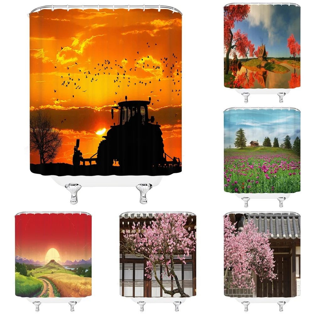 

Country Tractor Sunset Bird Shower Curtain Farmhouse Field Scenery Flowers Cherry Blossoms Fabric Bathroom Curtains With Hooks