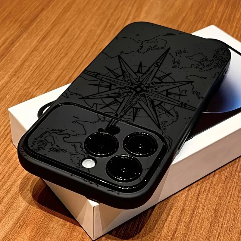 Фото Винтажный чехол для телефона с компасом и картой мира для iPhone 11 12 13 14 Pro 15 Pro Max 16 Plus 17 X XS XR, черный матовый, широкоугольный, мягкий чехол №1