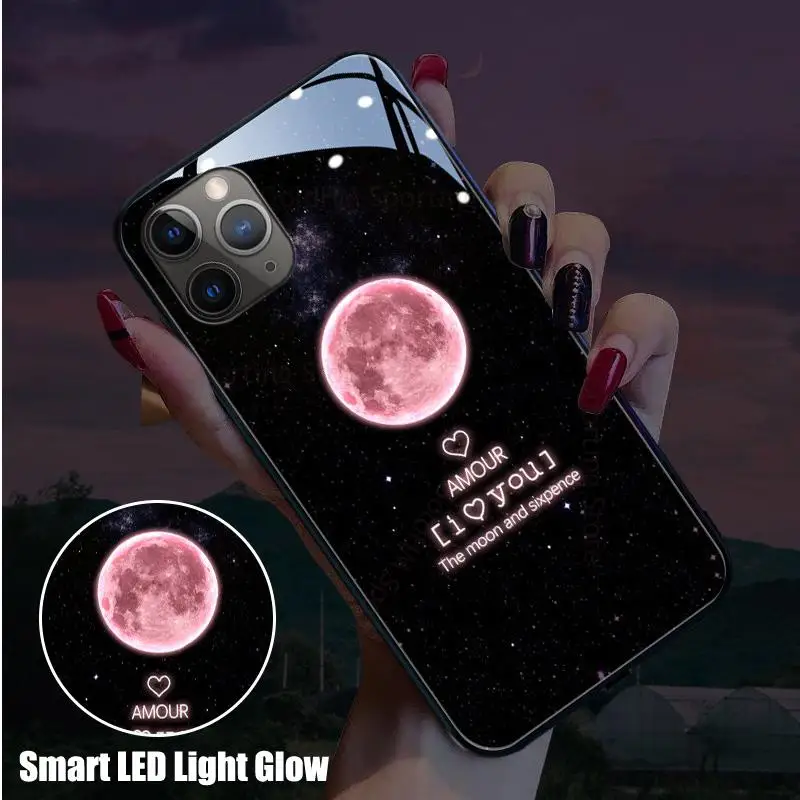 

Smart LED Light Glow Tempered Glass Phone Case For iPhone 13 Pro Max 12 11 Pro XR X XS Max 7 8 6S Plus Funda Moon Luminous Cover