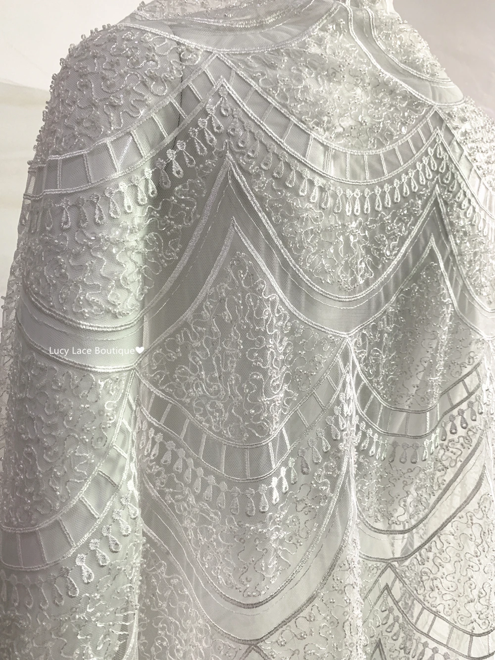 

Luxury Beaded Lace by Meters Ivory Color 130CM Wide High Quality Wedding Dress Material Free Shipping 1 Meter