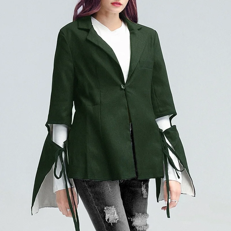 

Spring Fashion New Hollow Out Black Blazer For Women Notched Flare Long Sleeve Lace Up Bowknot Solid Blazers Female
