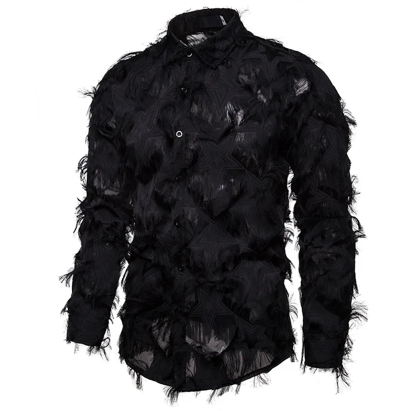 Men's Fashion Long Sleeve Shirts Euro-Size New Men's Casual Lapel Handmade Three-dimensional 3D Feather Fabric Party Wear Men