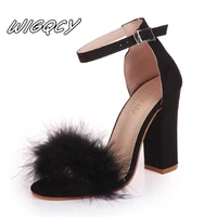 summer women pumps t stage fur buckle strap platform open toe dancing high heel sandals sexy party wedding shoes black mujer s01