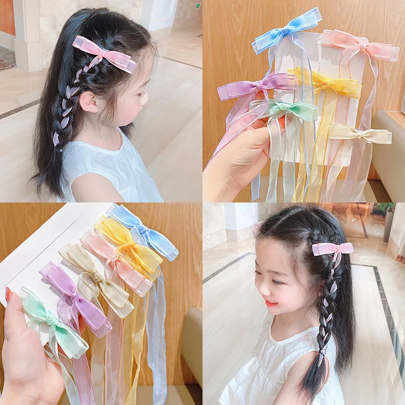 

Summer Bow Braided Hair Net Yarn Fairy Little Girl Streamer Princess Strap Hairpin for Children's Fashion Hair Accessories