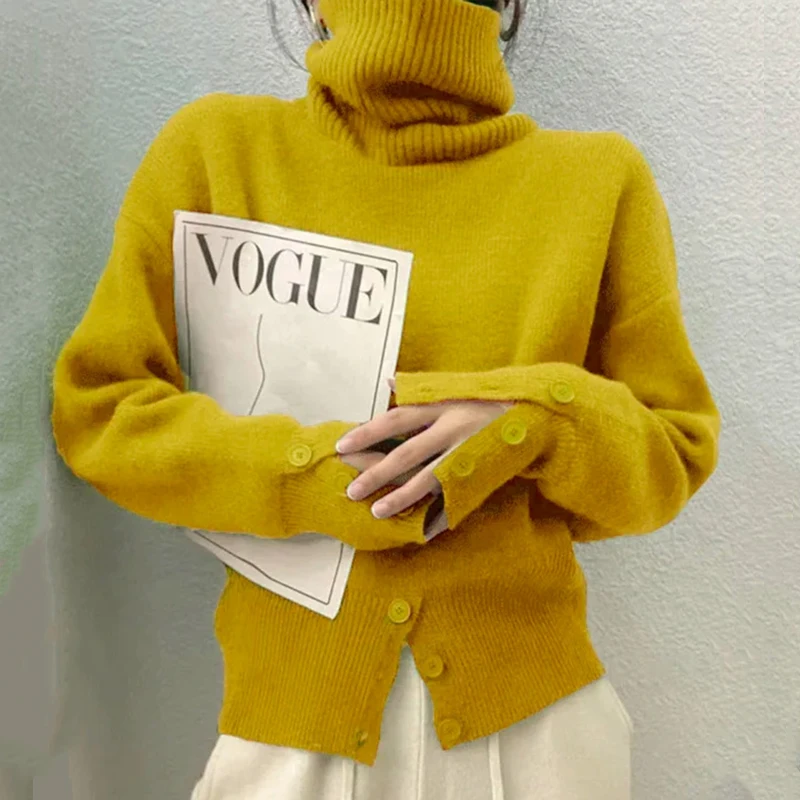 

2022 Autumn Winter Elegant Knitted Sweater Women Fashion Turtleneck Pullover Jumper Casual Long Sleeve Solid Loose Sweater Tops