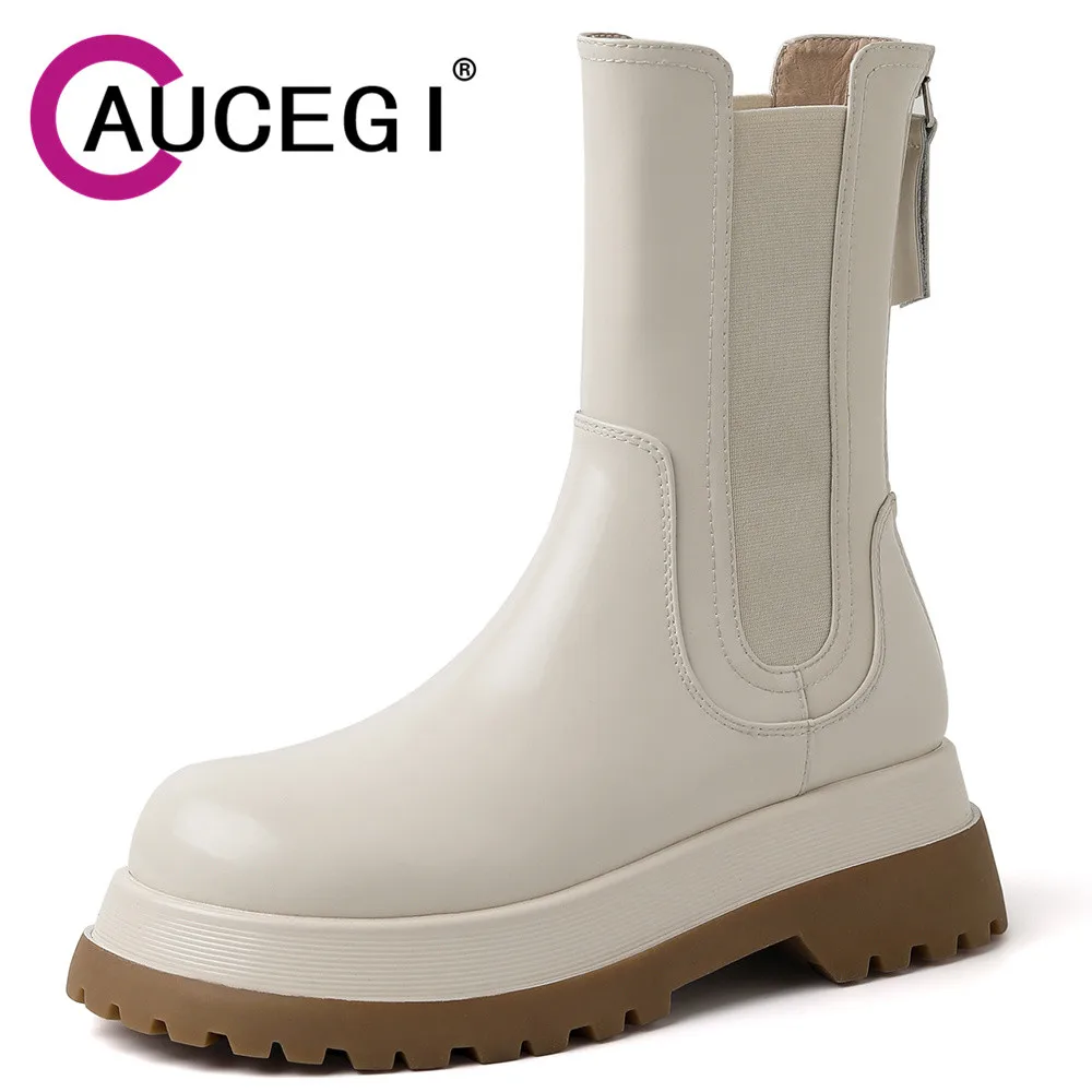 

Женские ботильоны челси из натуральной кожи Aucegi, модные офисные черные ботинки без шнуровки на толстой подошве с круглым носком и платформой, лидер продаж