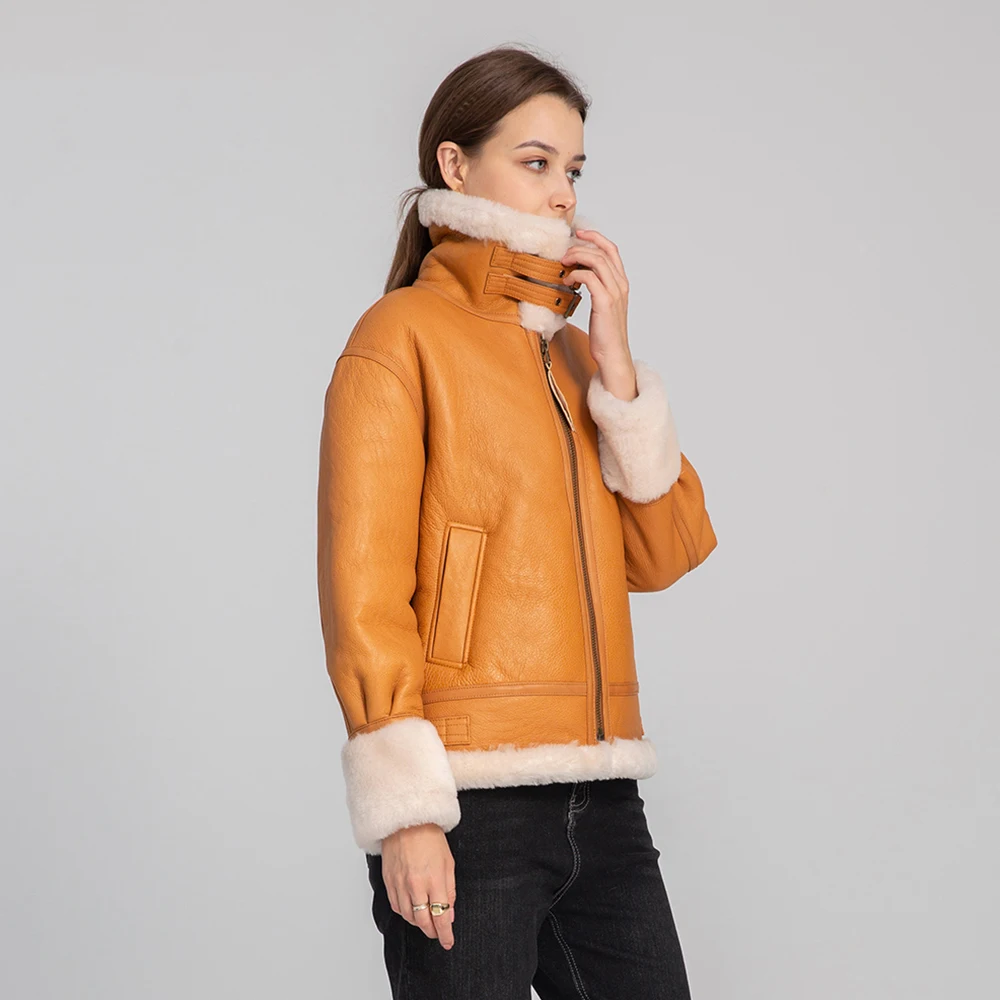 Lady Winter Leather Jackets Shearling Coats Motorcycle Genuine Sheepskin Leather Wool Fur Lining Warm Overcoats 2022 New 3628