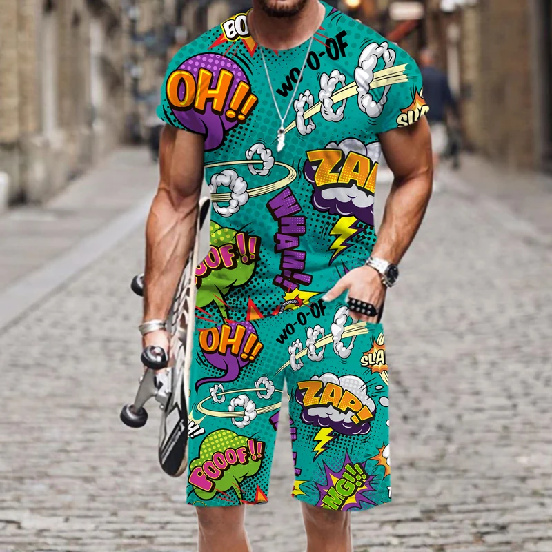 Summer Men's T-Shirt Set Hip Hop Funny Short Sleeve T-Shirt Shorts 2-piece Tracksuit Colorful Casual Sports Suit Unisex Clothing