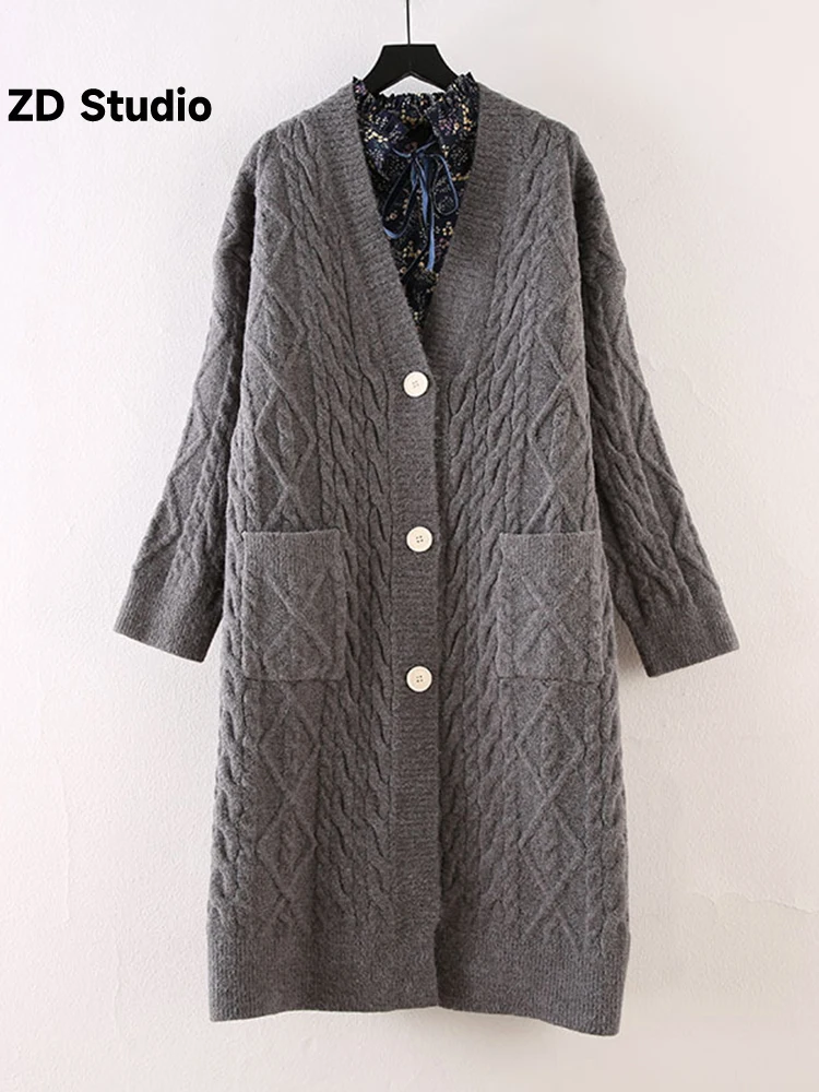 

[ZD Studio] Korean Retro Knitted Coat Women's V-neck Long Sleeves Single Breasted Spliced Pockets Casual Coats 2023 New 2YA3943