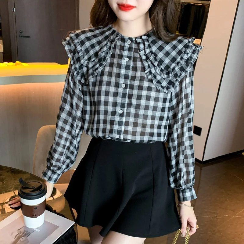 

Women's Plaid Cotton Shirt Spring 2022 Black Plaid Blouses And Shirts Peter Pan Collar Women Shirt Preppy Style Tops Female