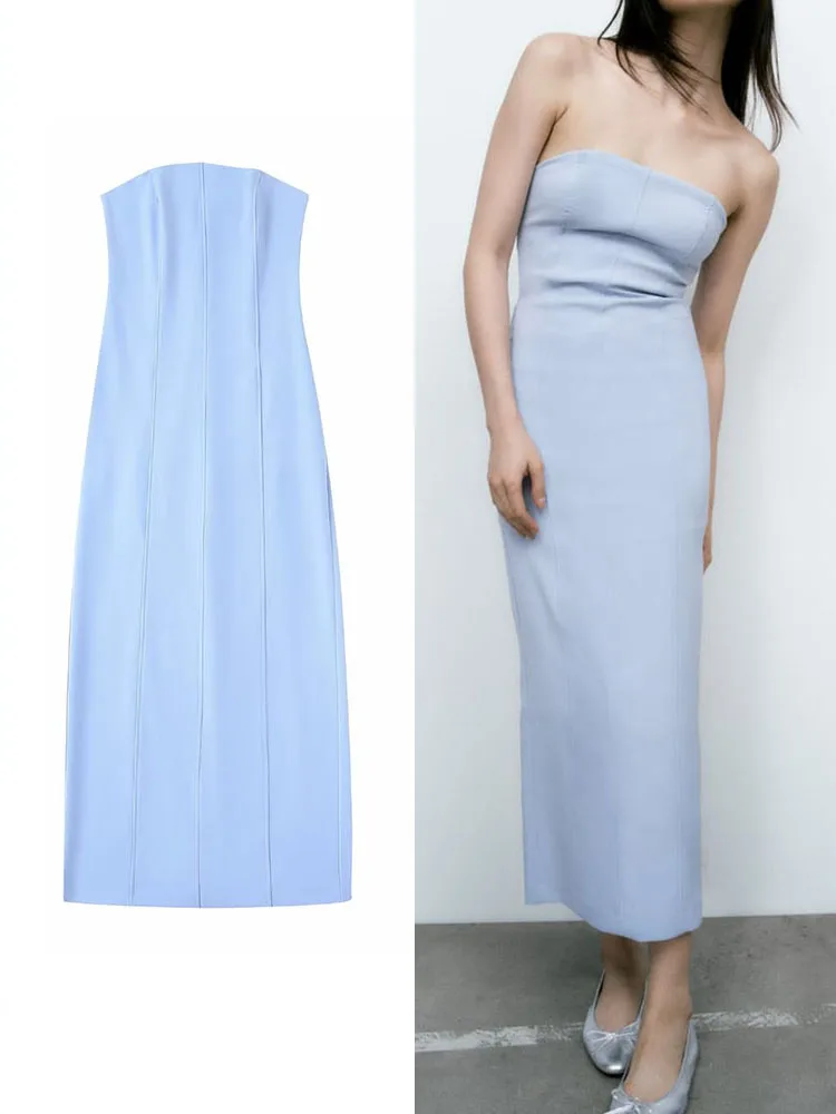 

TRAF 2022 Sexy Women Solid Color Strapless Dresses Autumn Vintage Female Fashion Dress Beach Party Sleeveless Vestidos Mujer