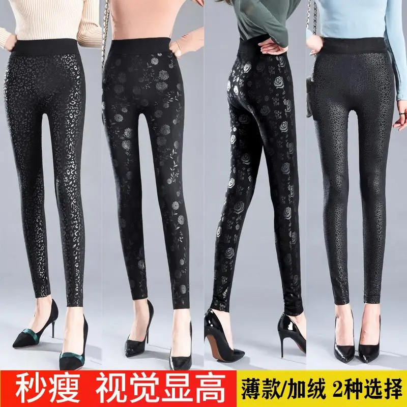 Printed Leggings Women's Wholesale Outer Wear High Waist Large Size Elastic Waist Black Skinny Pants Plus Velvet Cotton Pants
