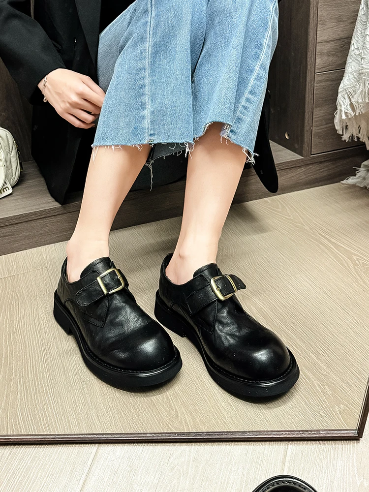 ...⭐Natural Leather Retro British Sle Thick Bottom Small Shoes Women New Spring Belt Buckle Single-Layer Flat...
