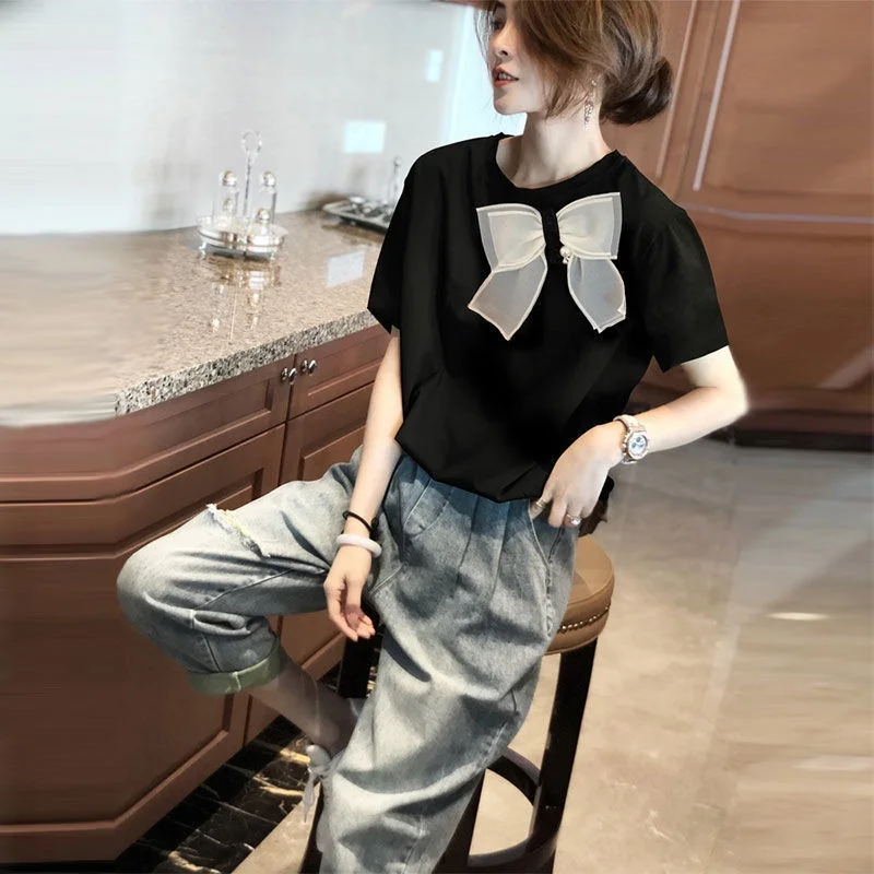 

T-shirts Women's Summer New Black Bow Short Sleeve Tee Large Size Loose Splicing Top For Woman Wear