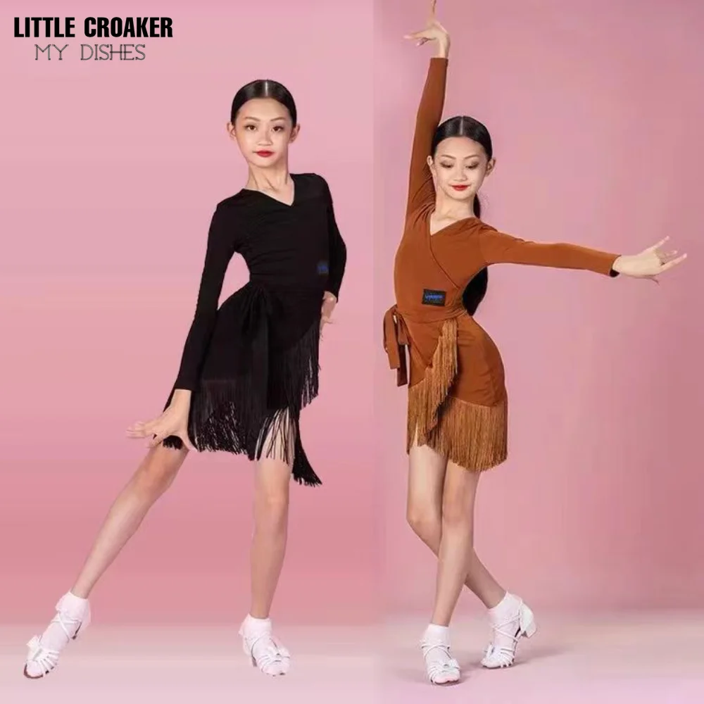 

Children Latin Dance Costumes Tassel Dress Long Sleeve Dancing Clothing Female Adult Performance Kids Dance Costume for Girls