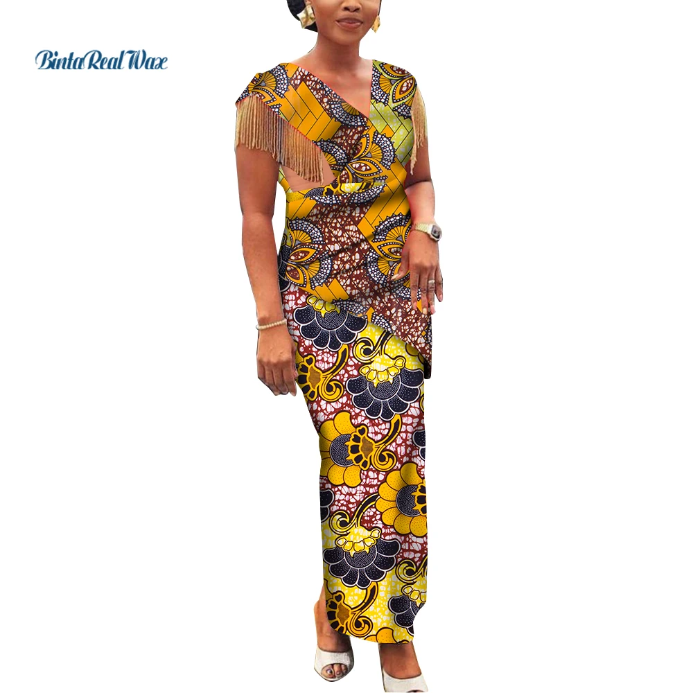 2pcs Set Tassell Top and Skirt for Women African Prit Dashiki Pencil Dress V Neck Traditional African Lady Clothing Wy9898