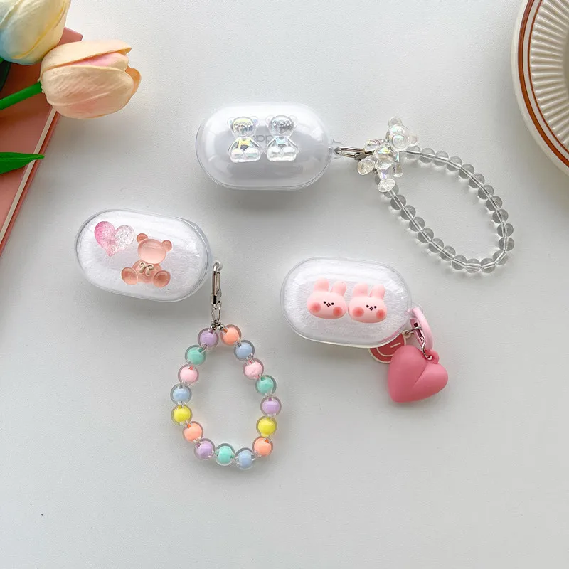 

New Earphone Case For oppo enco buds Bear/rabbit/Love transparent soft shell Headset Protecte Case For oppo enco w11 Pearl chain