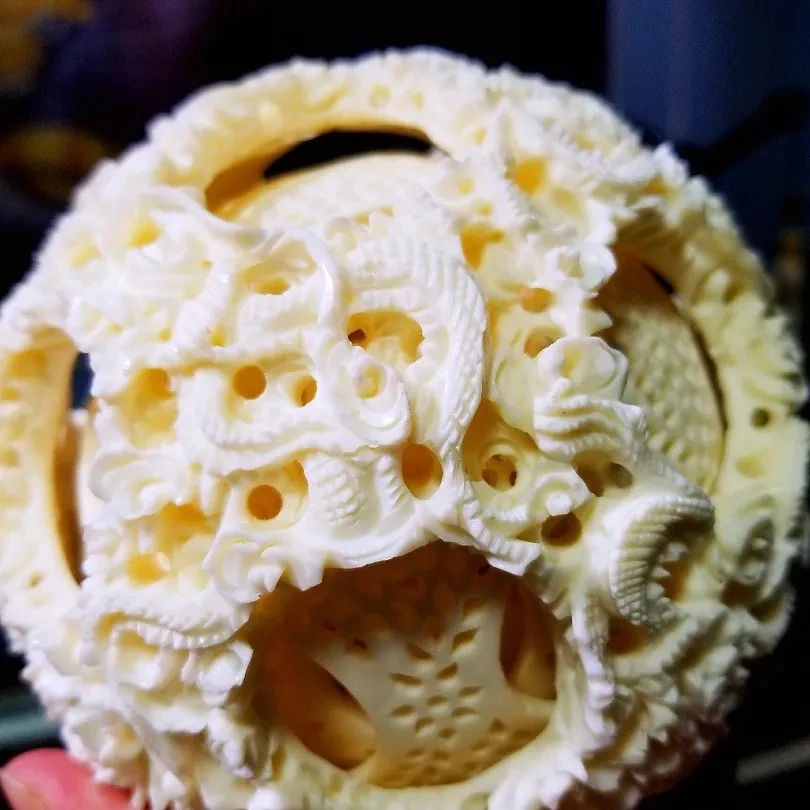 Natural Mammoth Ivory Dragon Phoenix Chengxiang Twelve Story Ghost Work Ball Decoration Antiques Collection Home High-End Decora