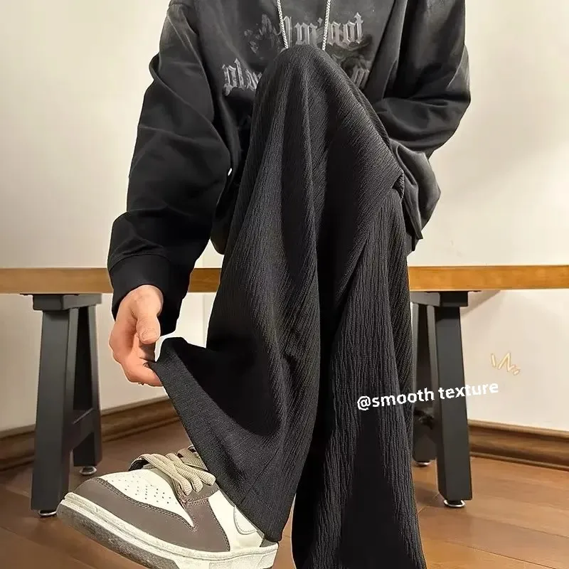 Брюки мужские легкие в складку шелковые прямые свободные штаны повседневные