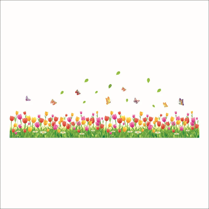 

Home Decor Wall Stickers Tulip Flowers Grass Butterflies Wall Foot Stickers Home Mural Casement Room Decor Wall Stickers