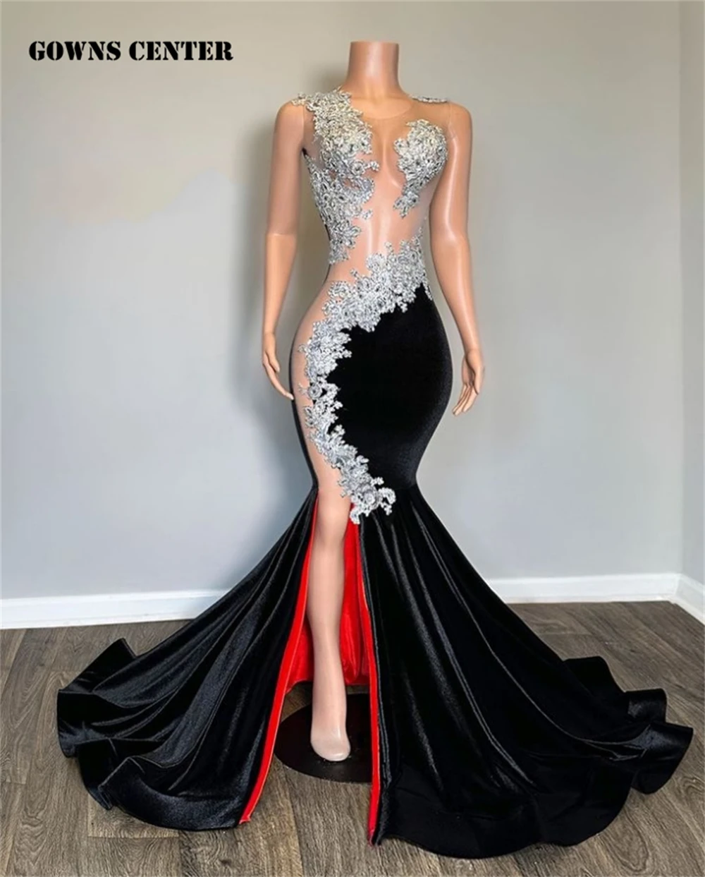 

Red Linning Sliver Beaded Lace Appliques Black Velvet Slit Prom Dress Mermaid Ladies Dresses For Special Occasions Sexy Party