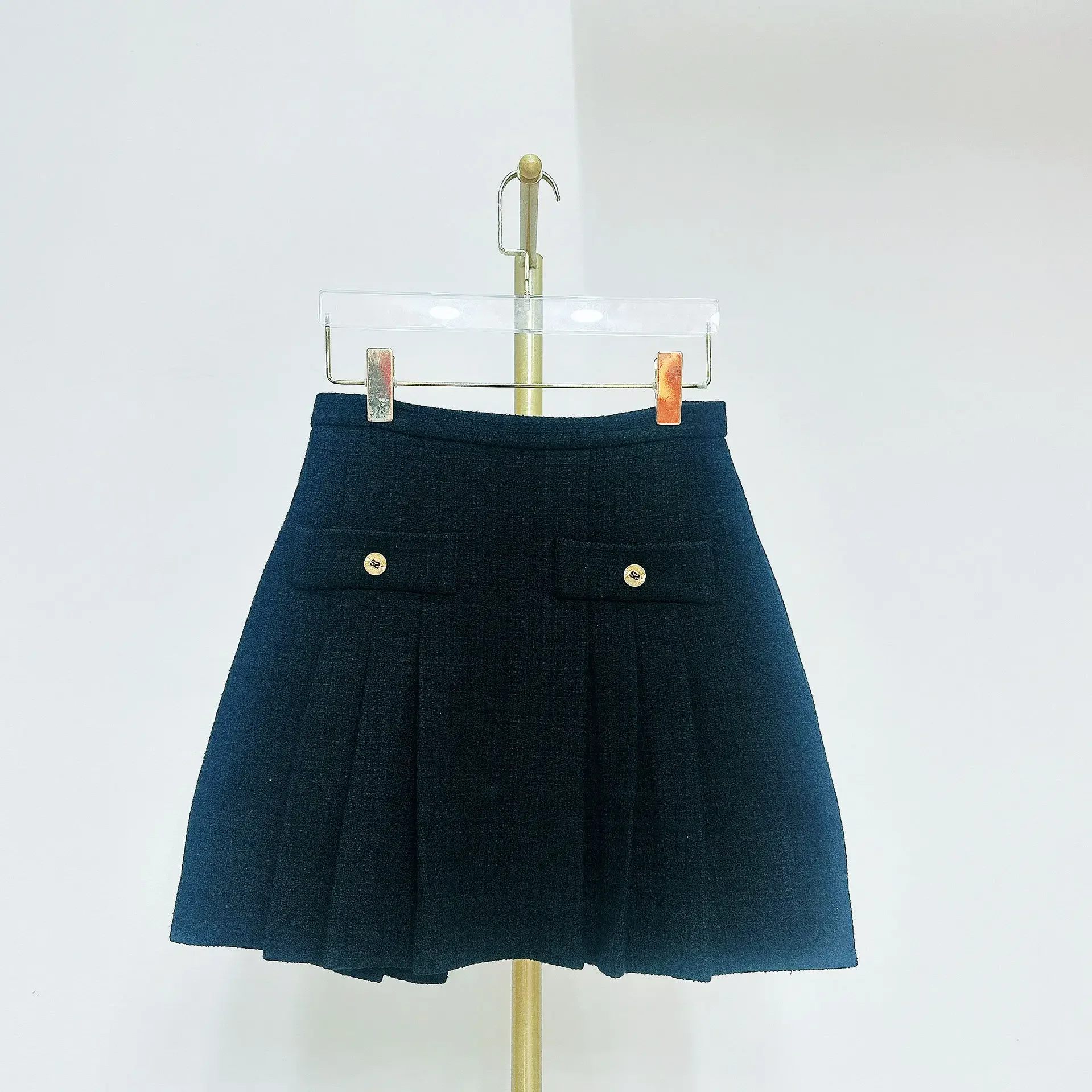 

Early Autumn 2023 New High Waist Pleated Tweed Black Skirt Women