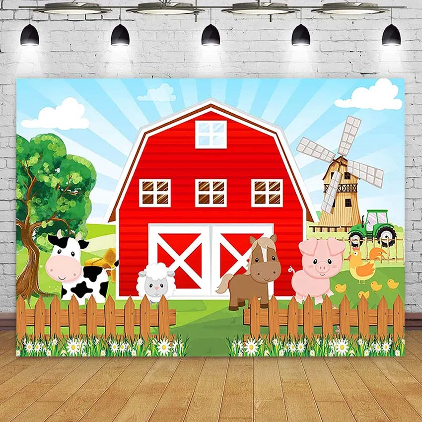 

Cartoon Animals Farm Red Barn Backdrop for Kids Birthday Photoshoot Photography Background Party Banner Photo Booth Decorations