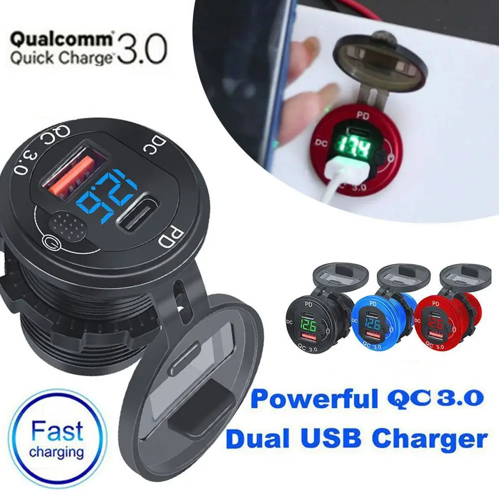 

Быстрое зарядное устройство, 1 шт., алюминиевое автомобильное зарядное устройство QC3.0 с двумя USB-портами и кнопкой переключения, дисплей напр...