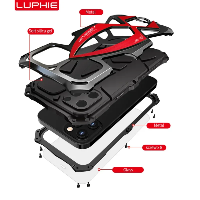 LUPHIE алюминиевый металлический силиконовый противоударный чехол для iPhone 16 15 14 13 12