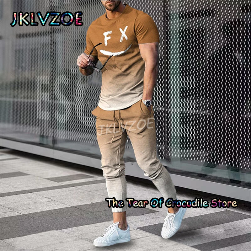 Colorful stripes Men's T Shirt Trousers Tracksuit 2 Piece Sets Summer Short Sleeve+Pants Funny Smiley 3D Printing Street Clothes