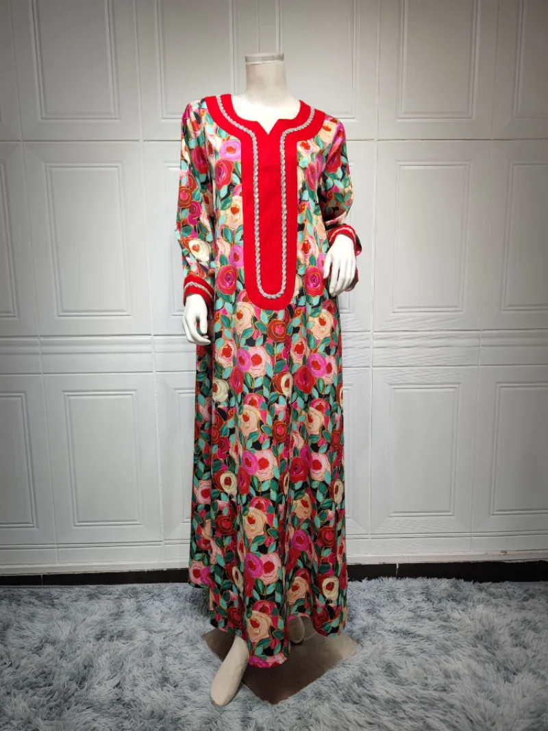 Eid Muslim Women Abaya Morocco Party Dress Musulman Ramadan Diamond Abayas Elegant Floral Print Dresses Prayer Robe Maxi Vestido