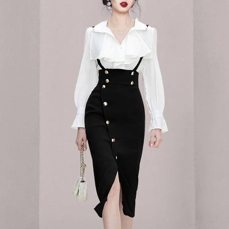 

Женский офисный комплект из 2 предметов, элегантная белая шифоновая блузка с оборками и черная юбка-карандаш, офисная одежда, весна