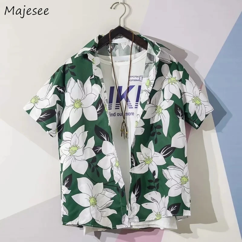 

Shirts Men Floral Retro Handsome Stylish Korean Trendy Male Clothes Popular High Street Summer Breathable Camisas Teens Simply