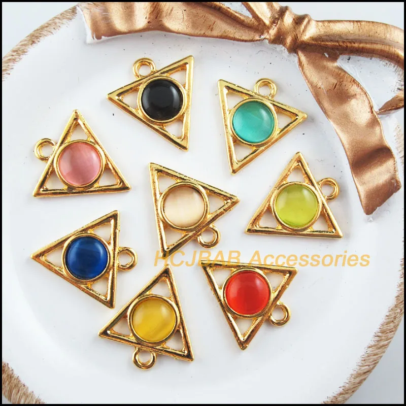 

Fashion New 16Pcs Gold Color Triangle Mixed Cat eye Stone Charms Pendants 19.5x21.5mm