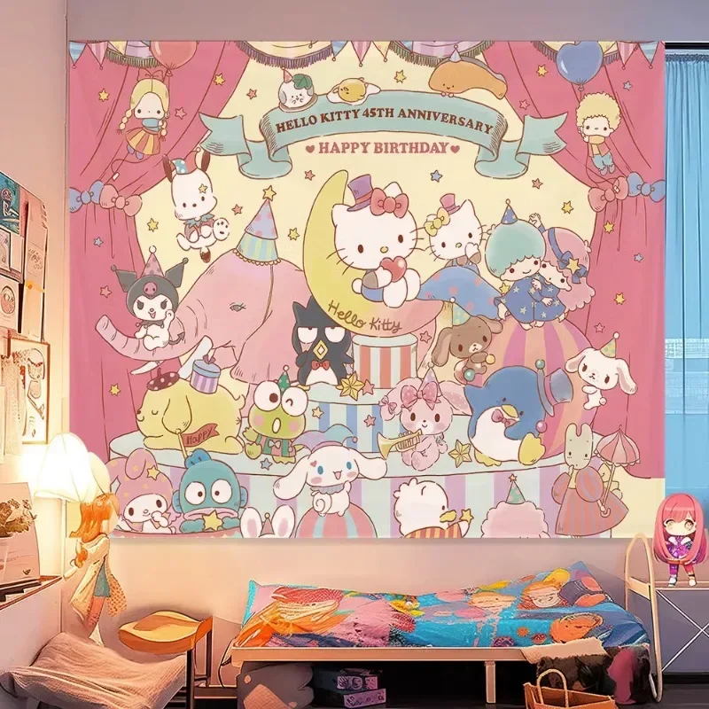 

Kawaii Sanrio Cinnamoroll Hello Kitty Tapestry My Melody Kuromi Cartoon Cute Textile Wall Covering Cute Girl Living Room Decor