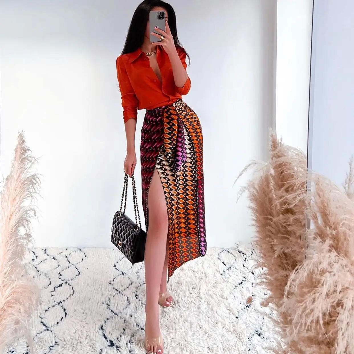 

JUNWU Summer Women's Orange Lapel Single Breasted Long Sleeve Silk Satin Texture High Quality Shirt Casual British Style