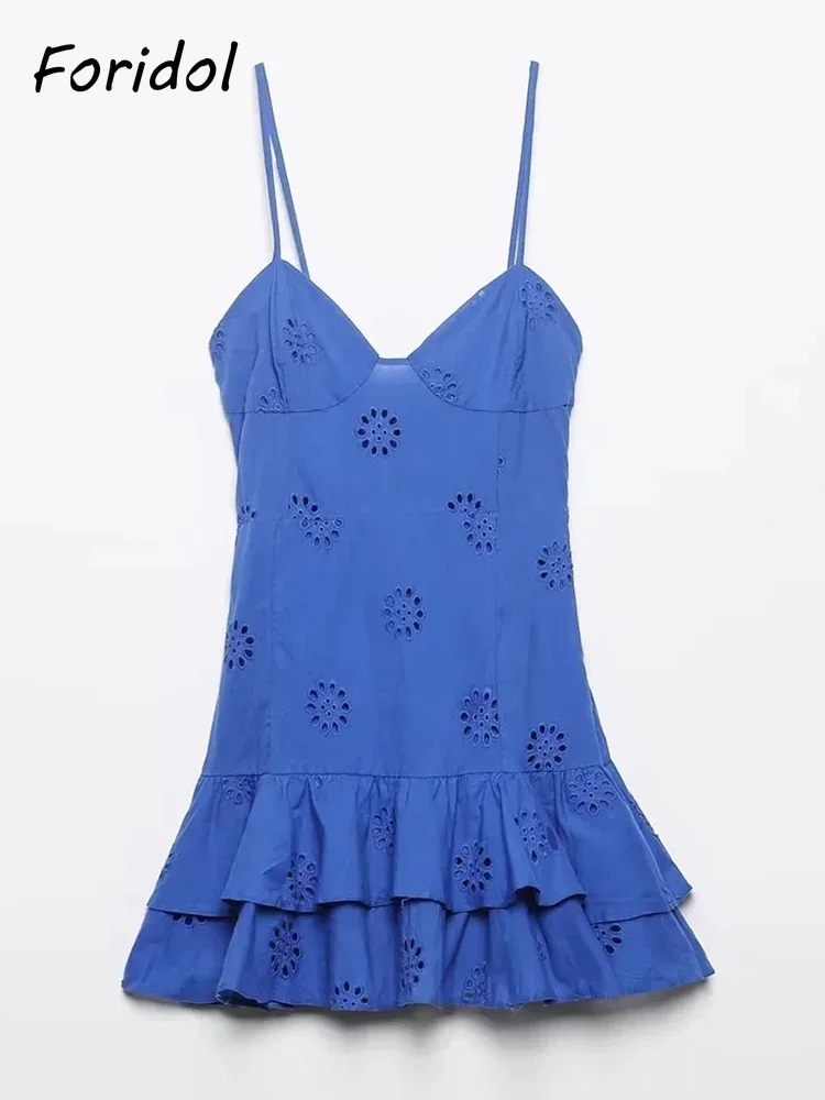 Кружевное хлопковое мини-летнее женское платье Foridol вечерние однотонные пляжные