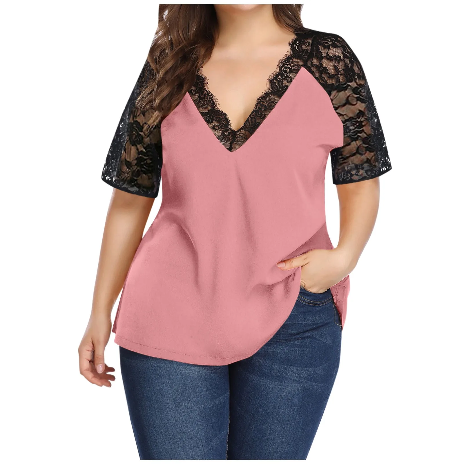 

Sexy Lace Patchwork Women T Shirts Summer 2022 Female Short Sleeve Loose Red Black Tee Tops Casual T Shirt Clothes For Woman