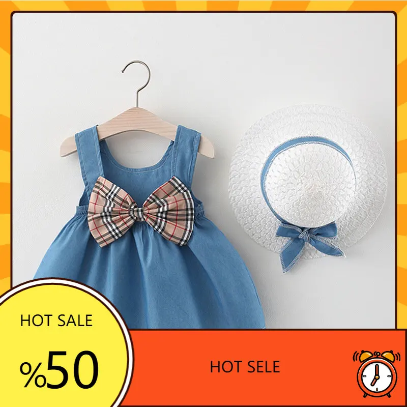 

Summer Baby Girls Dress Cute Princess Bow Flowers Sleeveless Dresses+Sunhat Set Cotton Toddler Bow Print Dress Newborn Clothing