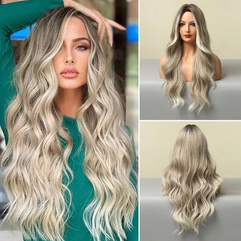 

Long Curly Wig Universal Smooth Long Wig Lightweight Cosplay Wig Medium Split Long Smoky Gray Gradient Blonde Wig for Home